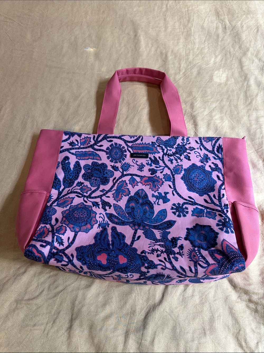 Jim Thompson Pink Floral Tote Bag with Blue Pattern - Women's Carryall